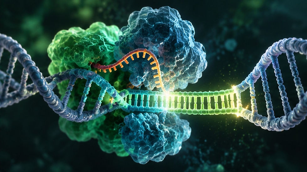 Illustration of a green DNA double helix with an RNA-guided protein complex and a newly inserted DNA segment highlighted in lime