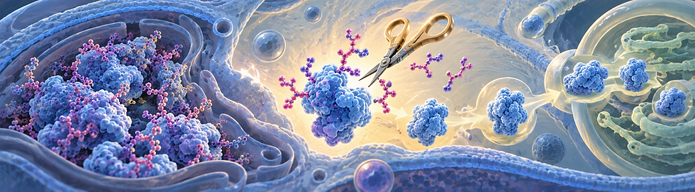 Inside a cell, N-glycanase 1, shown as golden scissors, trims sugar chains off a protein so it can move on for recycling. On the left, proteins still coated in sugar chains pile up in clumps, showing what happens when the enzyme is missing.