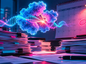 Glowing CRISPR-Cas9 complex above stacks of regulatory review documents, with a circled date on a calendar