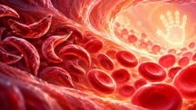 Sickle-shaped red blood cells transforming into healthy round cells, with a glowing child's handprint in the background