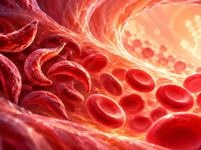 Sickle-shaped red blood cells transforming into healthy round cells, with a glowing child's handprint in the background