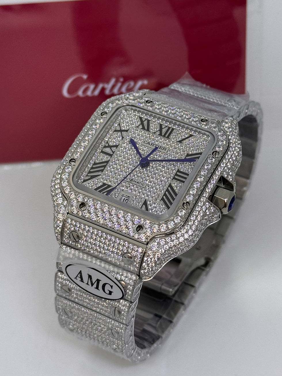 Clon Cartier Santos Large Full Diamond Silver Swiss