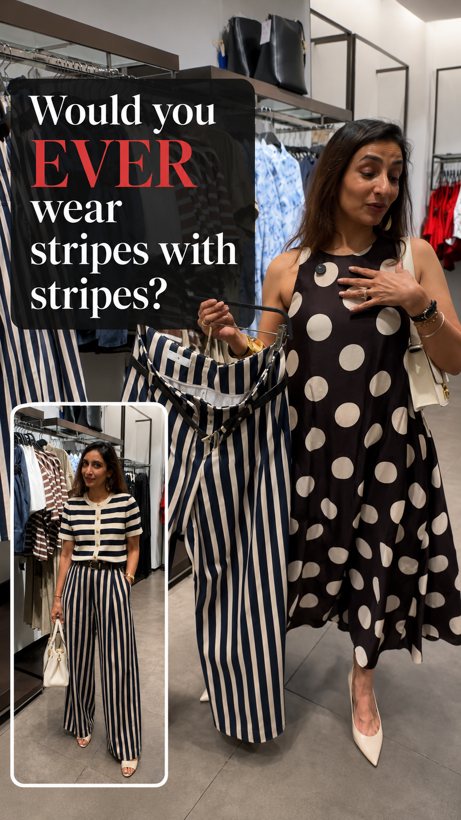 Shikha holding striped trousers for a stripes-on-stripes styling Reel