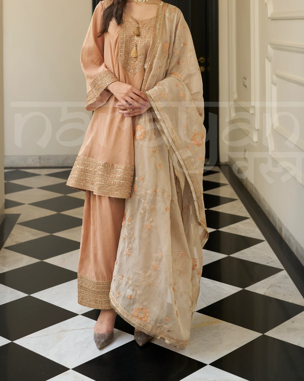 Narayani Vastra | Sohni Antique Orange Choga with Frashi Salwar Set; authentic face-free photographic crop