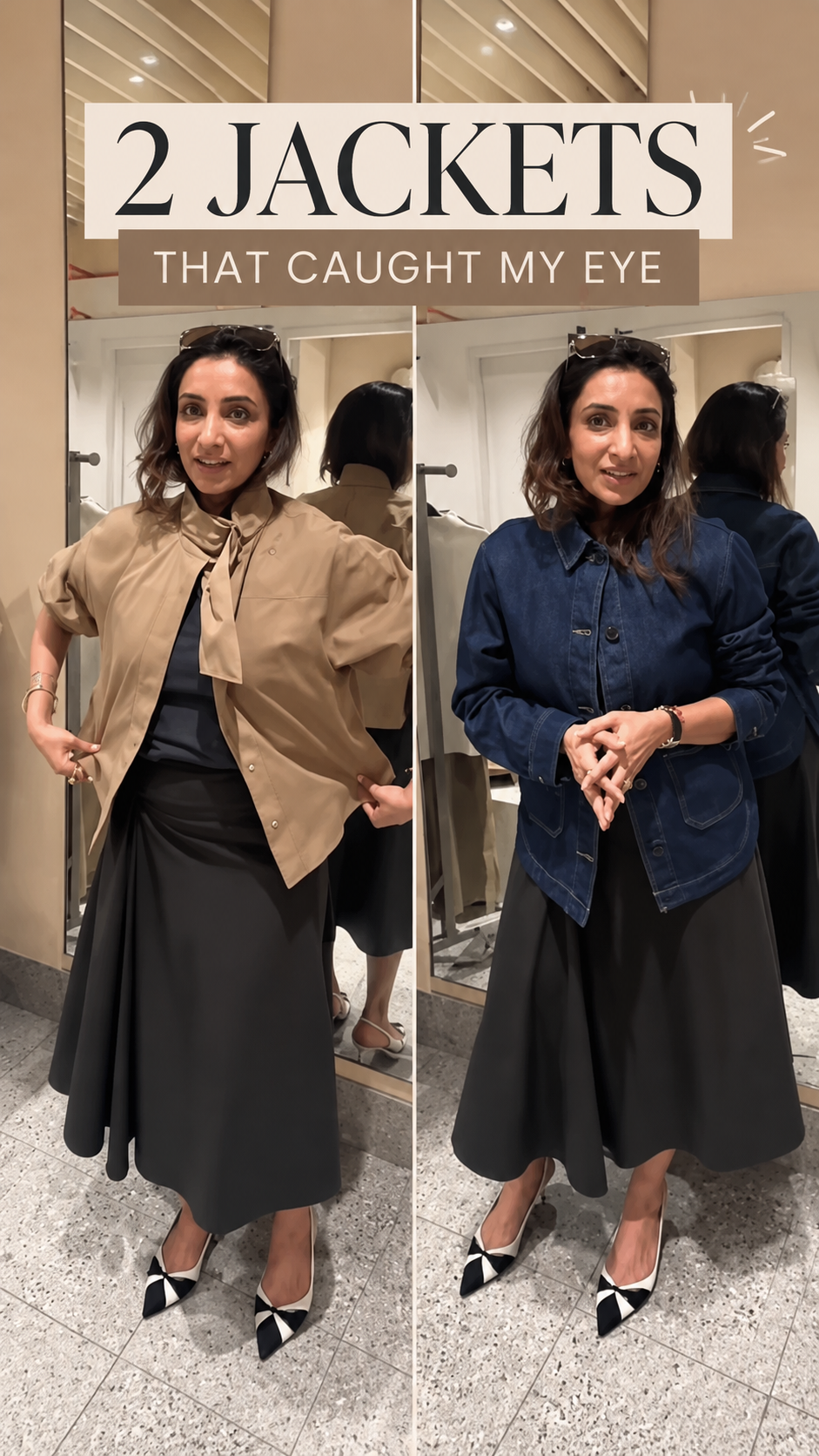 Shikha trying a beige jacket and a dark denim jacket in a fitting room, two jackets that caught my eye