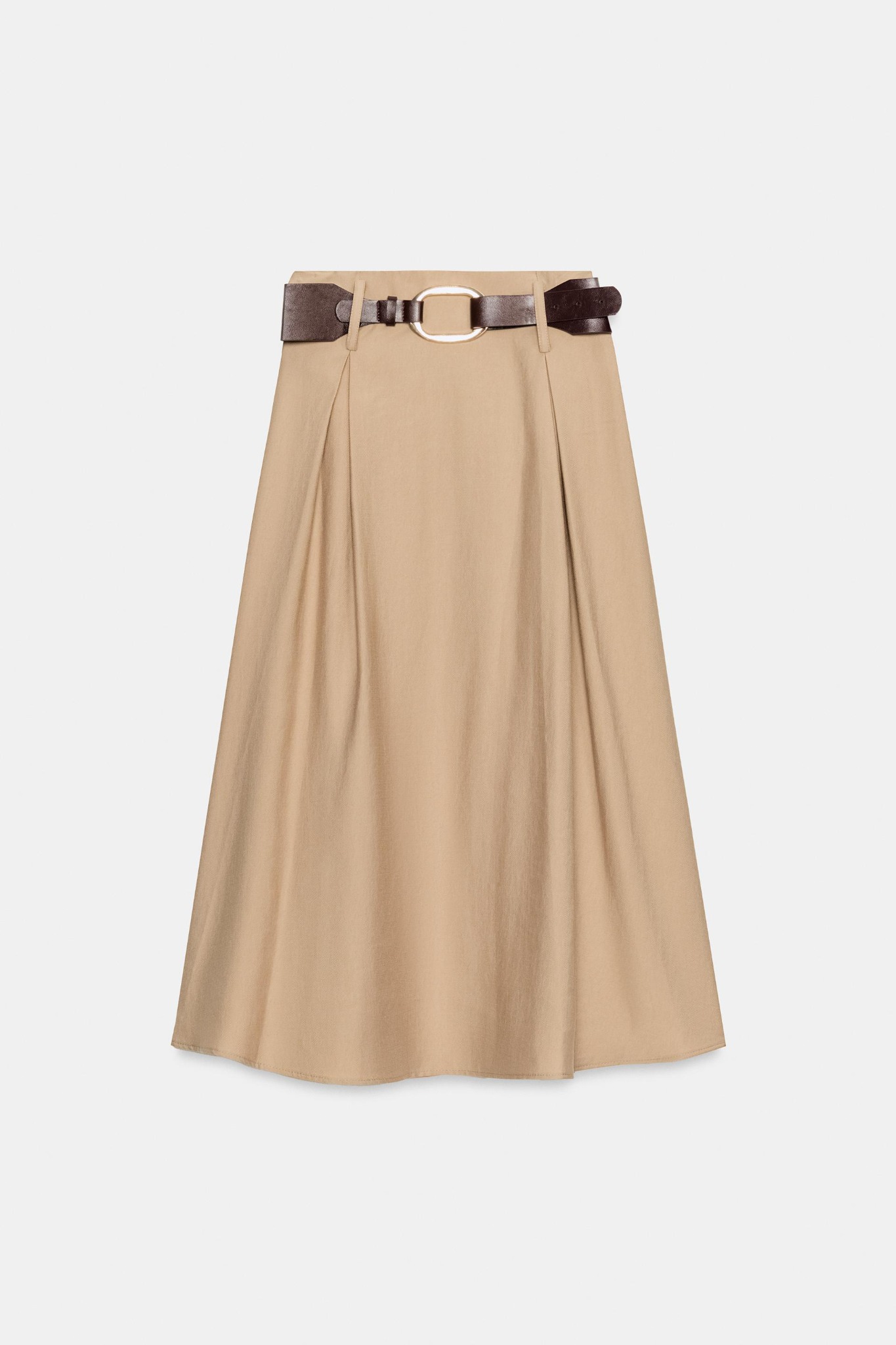 Camel belted midi flared skirt from Zara