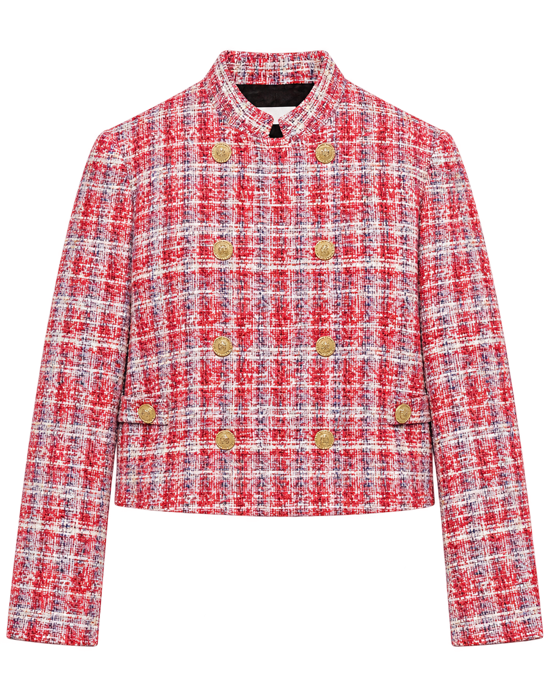 Zara red and white textured cropped blazer with gold buttons