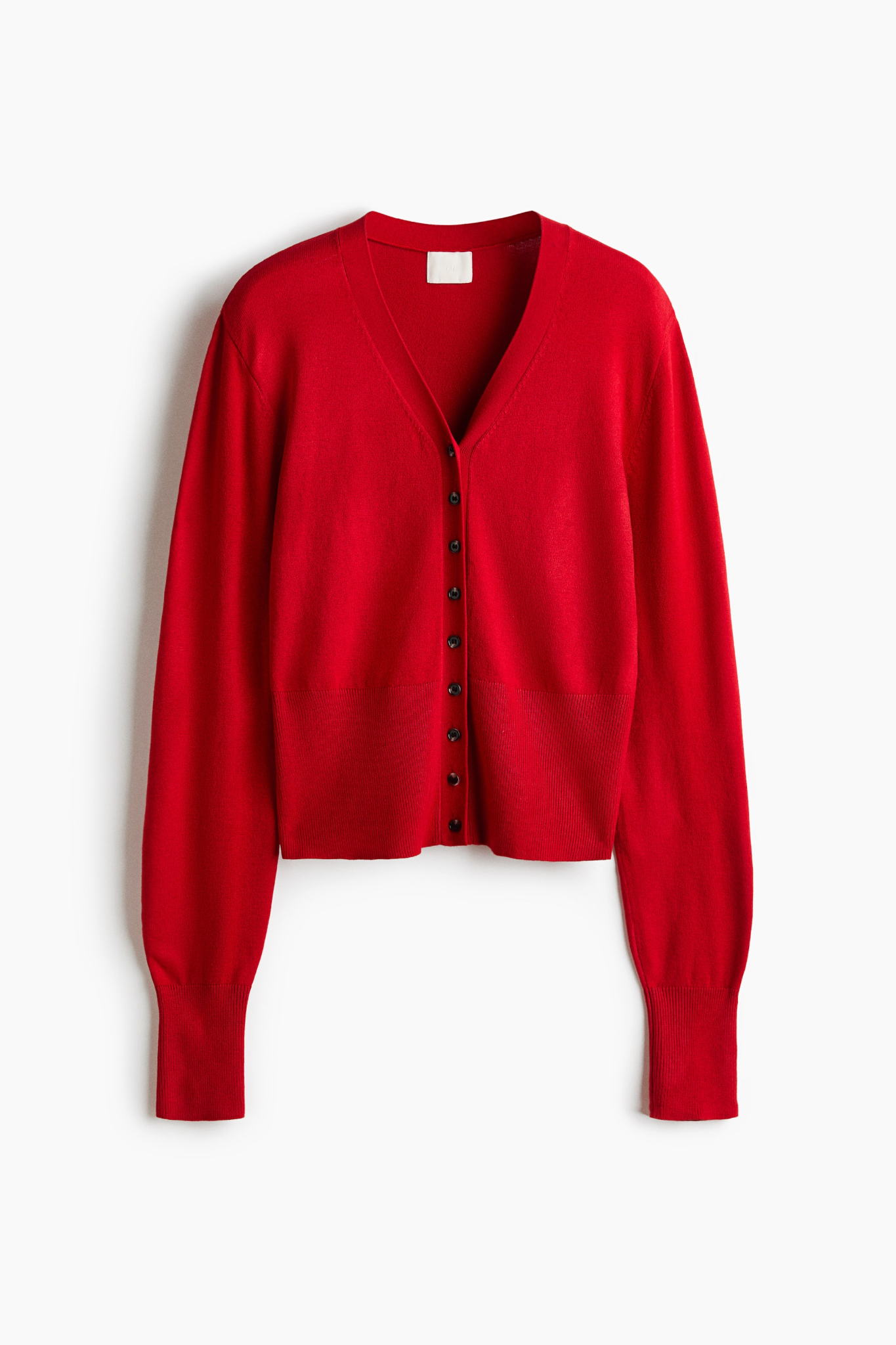 Red V-neck knitted cardigan with dark buttons
