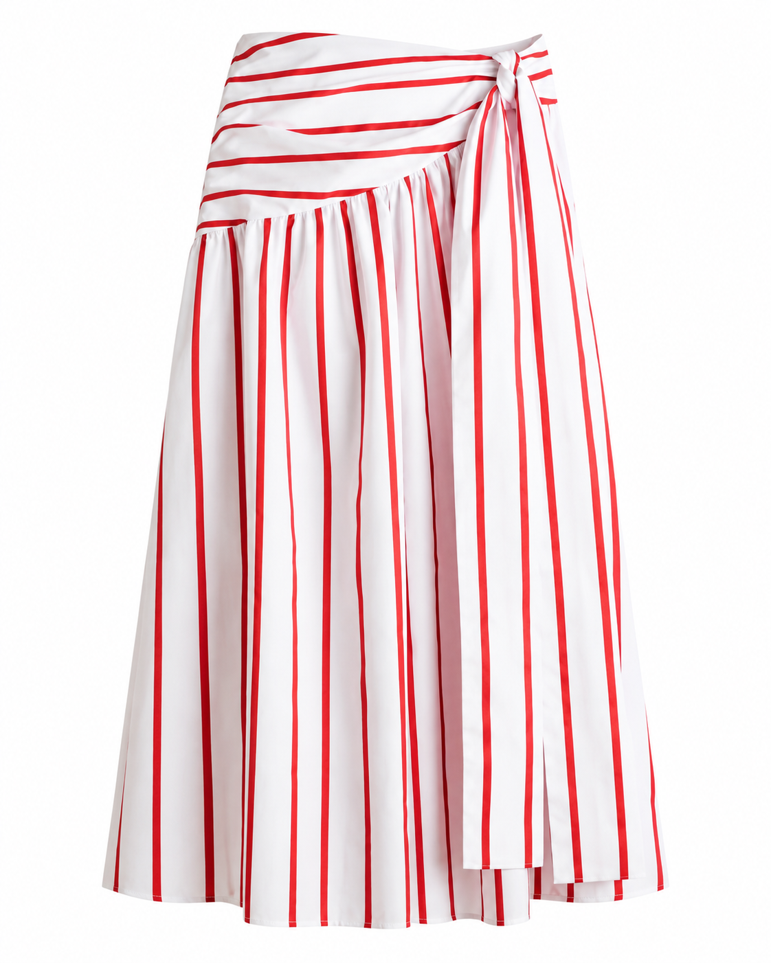 White H&M midi skirt with red stripes and asymmetric tie-detail waistband