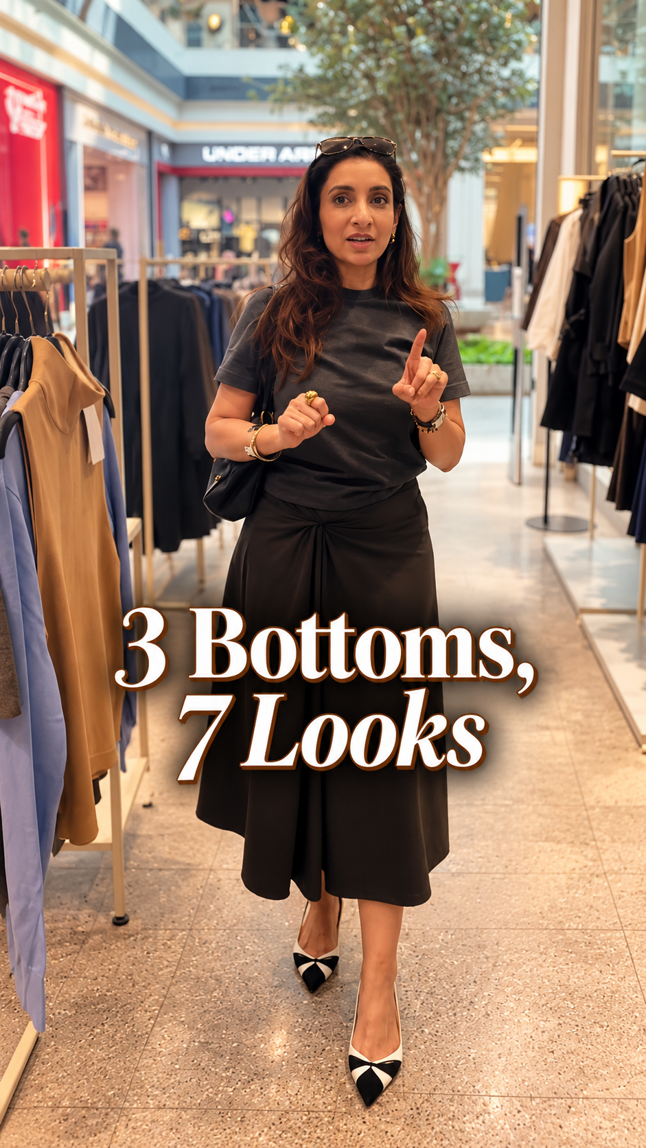 Shikha presenting 3 bottoms and 7 outfit combinations in an H&M store