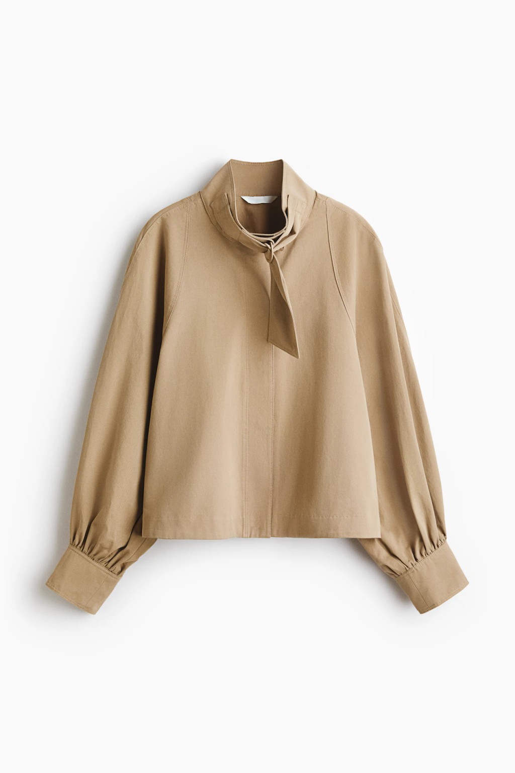 H&M beige tie-neck cropped jacket product-only front view on white background