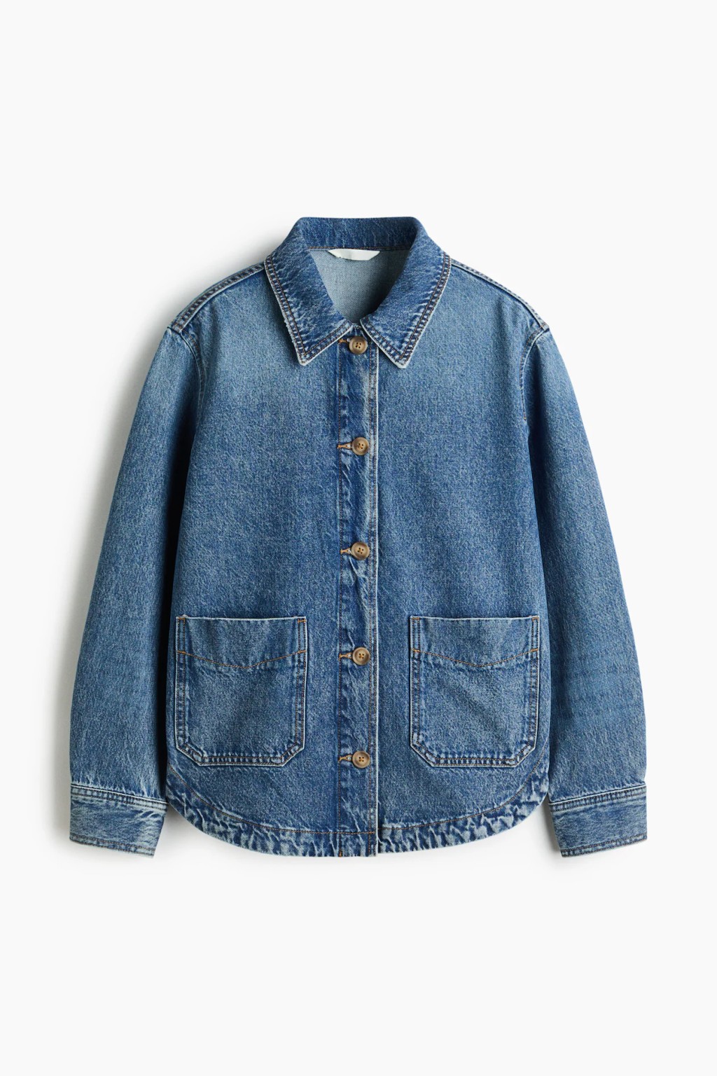 H&M light blue curved-hem denim jacket product-only front view on white background