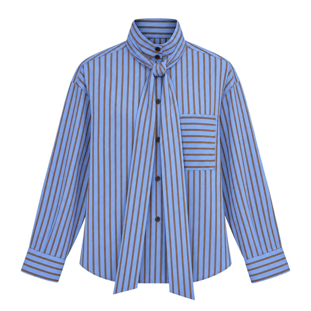 Zara brown and blue striped long-sleeve shirt with tie neckline