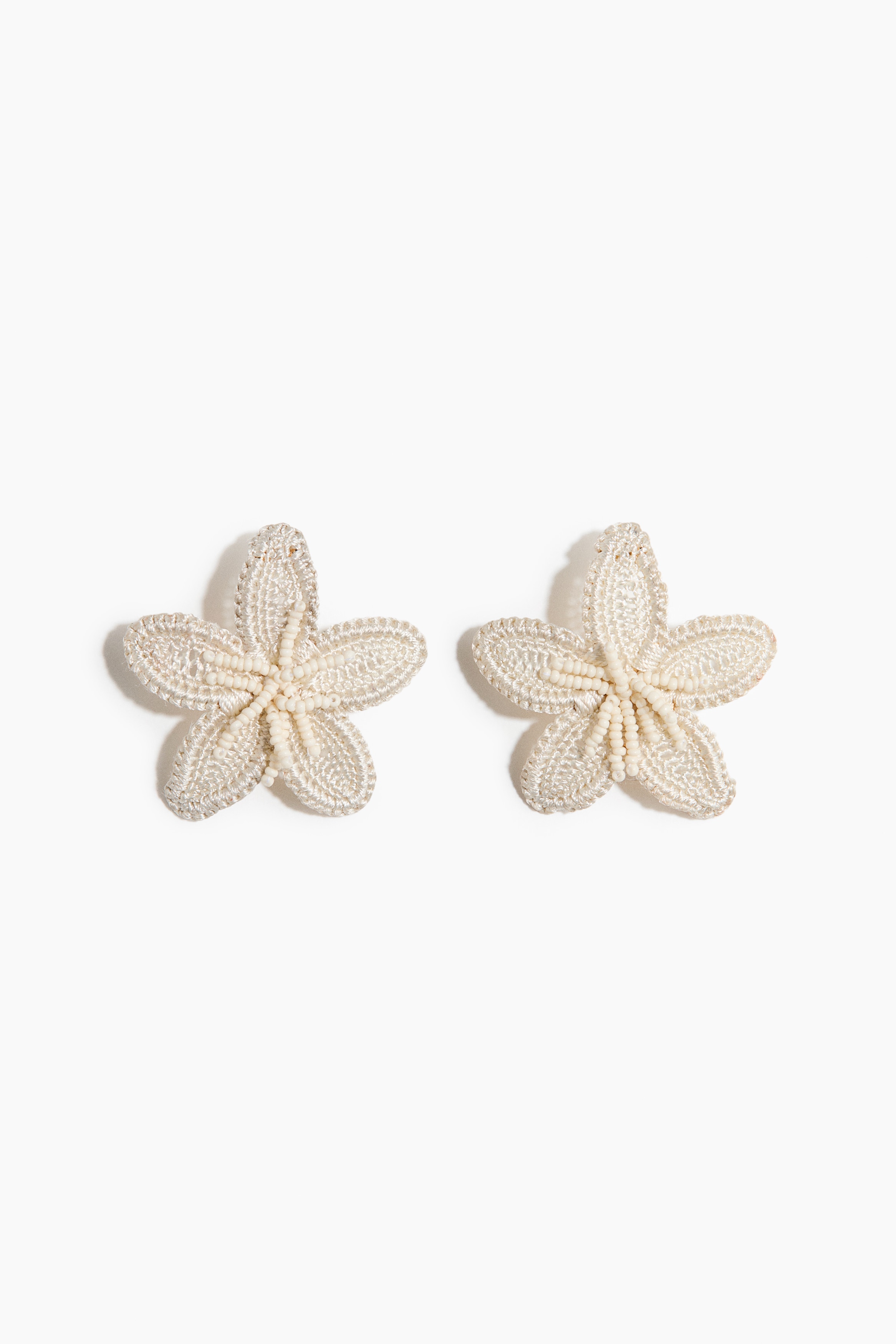 White crochet-look flower-shaped earrings with bead detailing from H&M