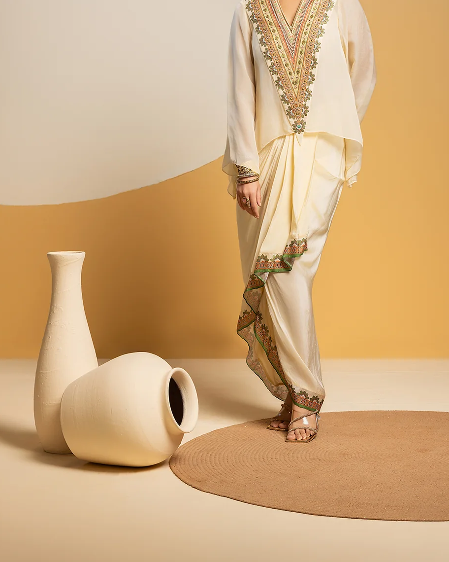 Sougat Paul | Taarani Embellished V-Neck Drape Skirt Set; authentic face-free photographic crop