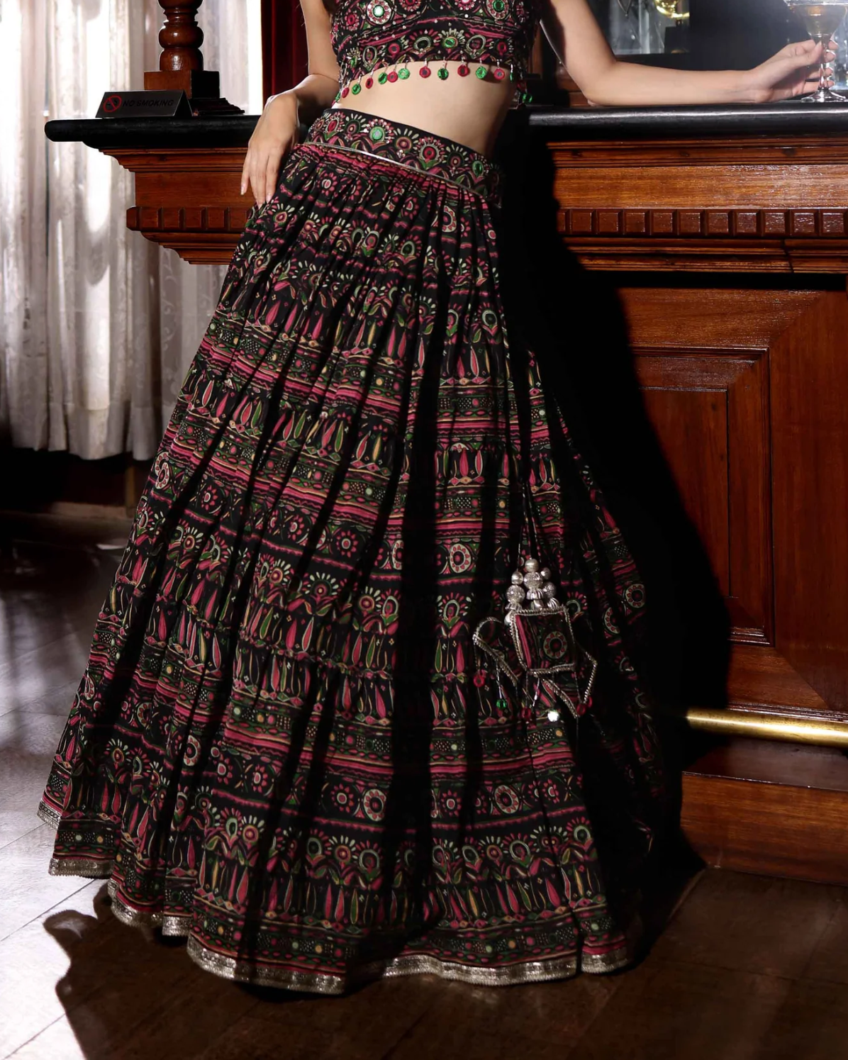 Aachho Jaipur | Mighty Black Mirror Work Printed Chanderi Lehenga Set; authentic face-free photographic crop