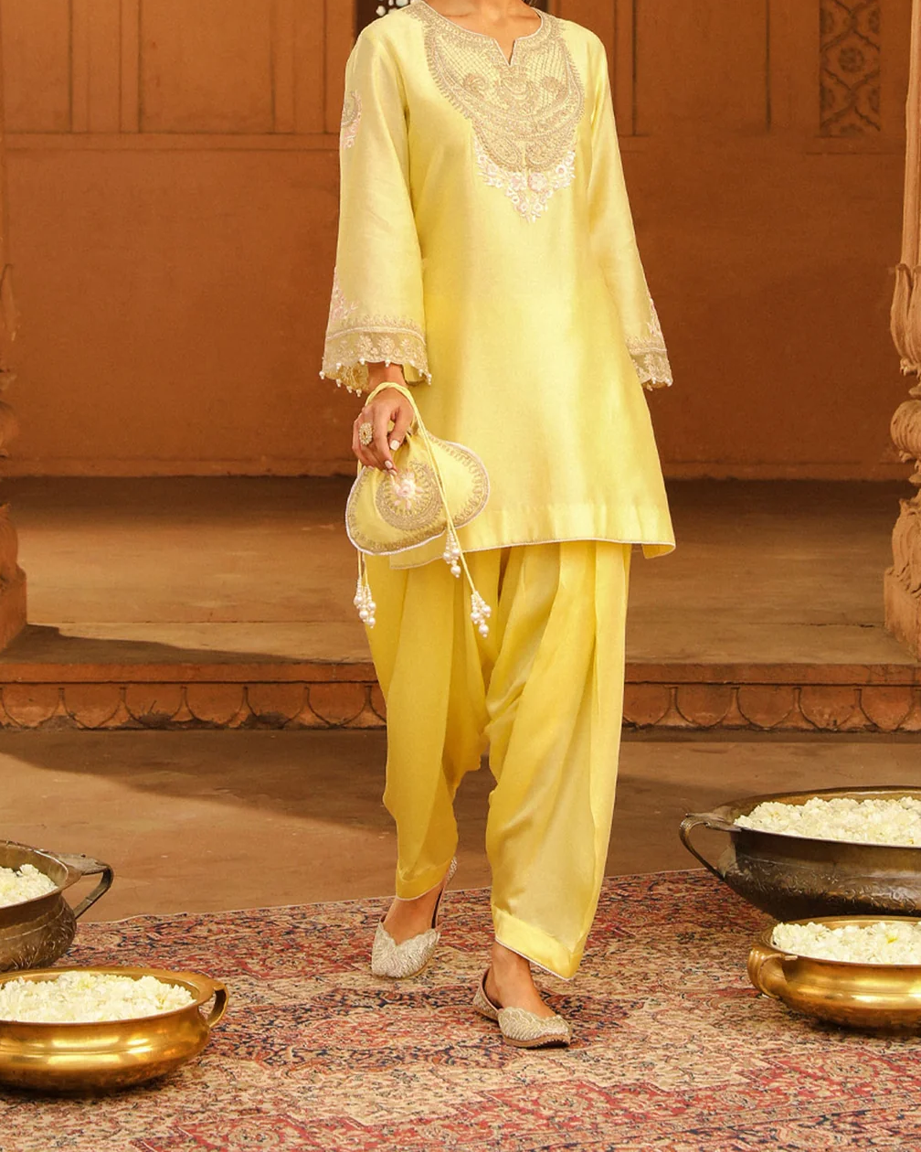 Sheetal Batra | Ashira Lemon Yellow Kurta with Salwar; authentic face-free photographic crop