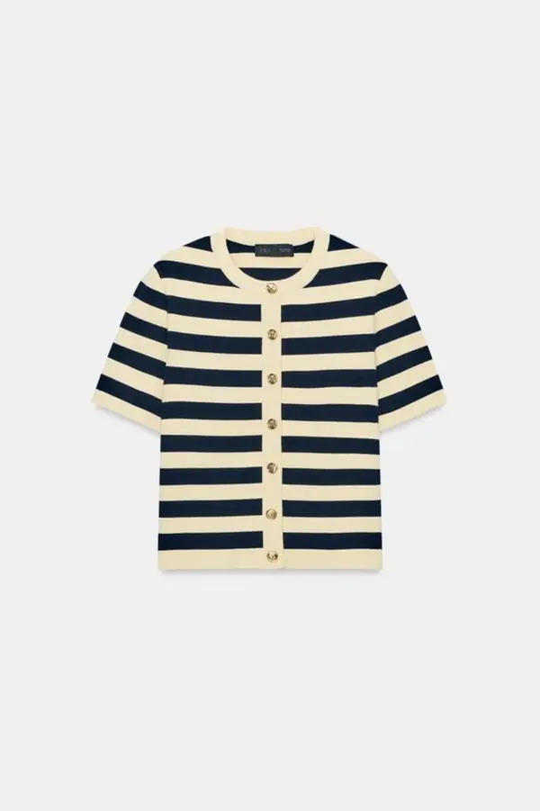 Zara short sleeve cream cardigan with thick navy horizontal stripes and gold buttons