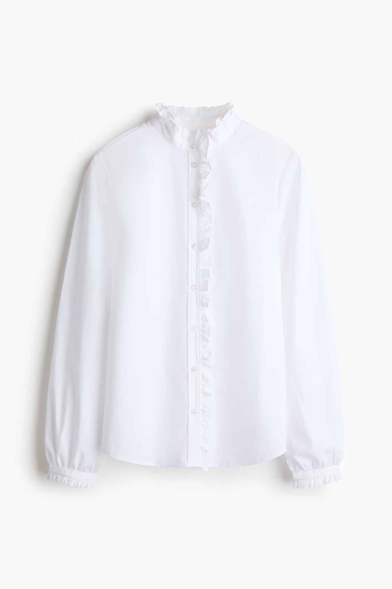 White ruffle-collar button-up shirt product-only packshot