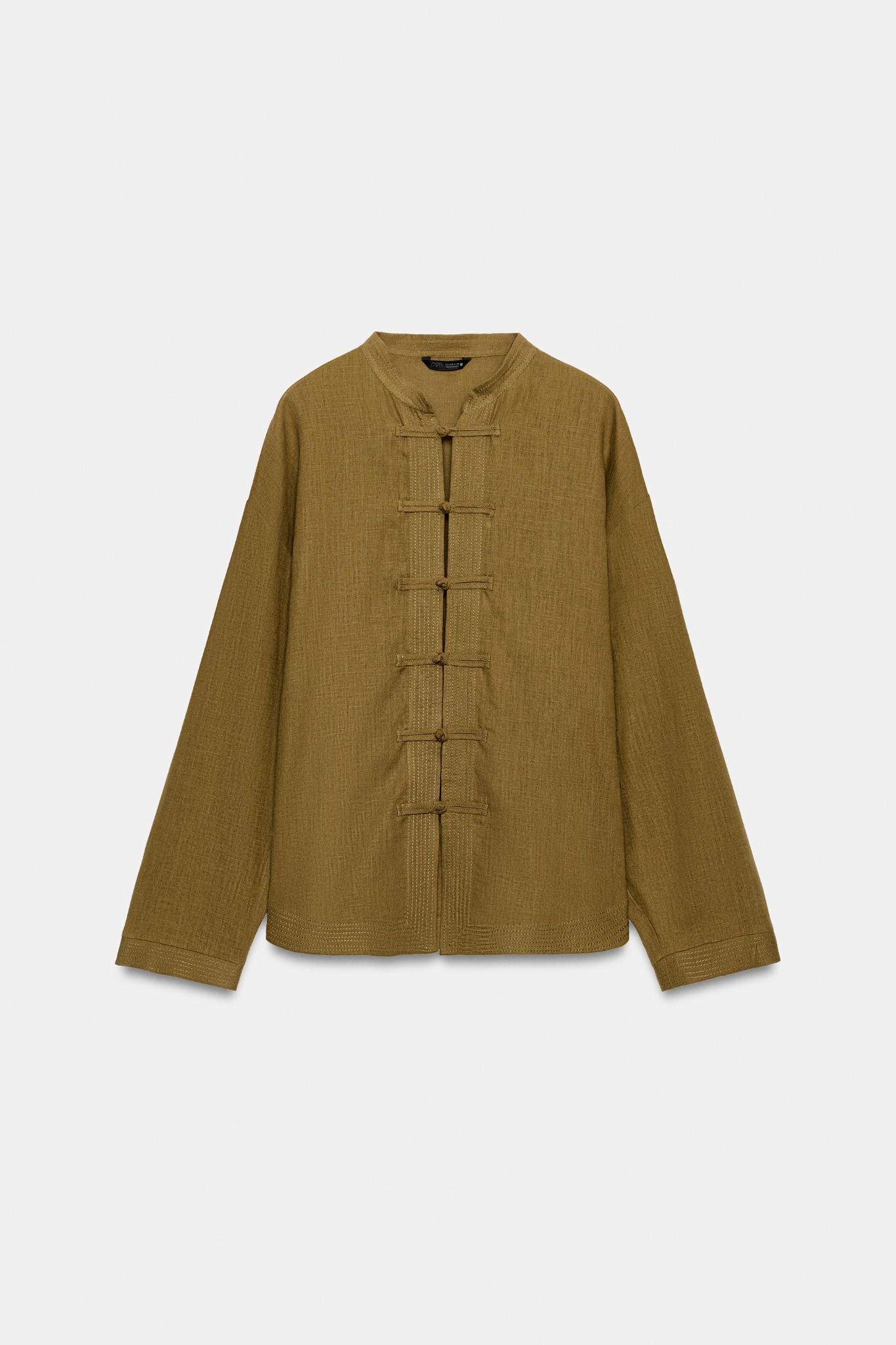 Zara olive linen blend long sleeve shirt with frog fastening