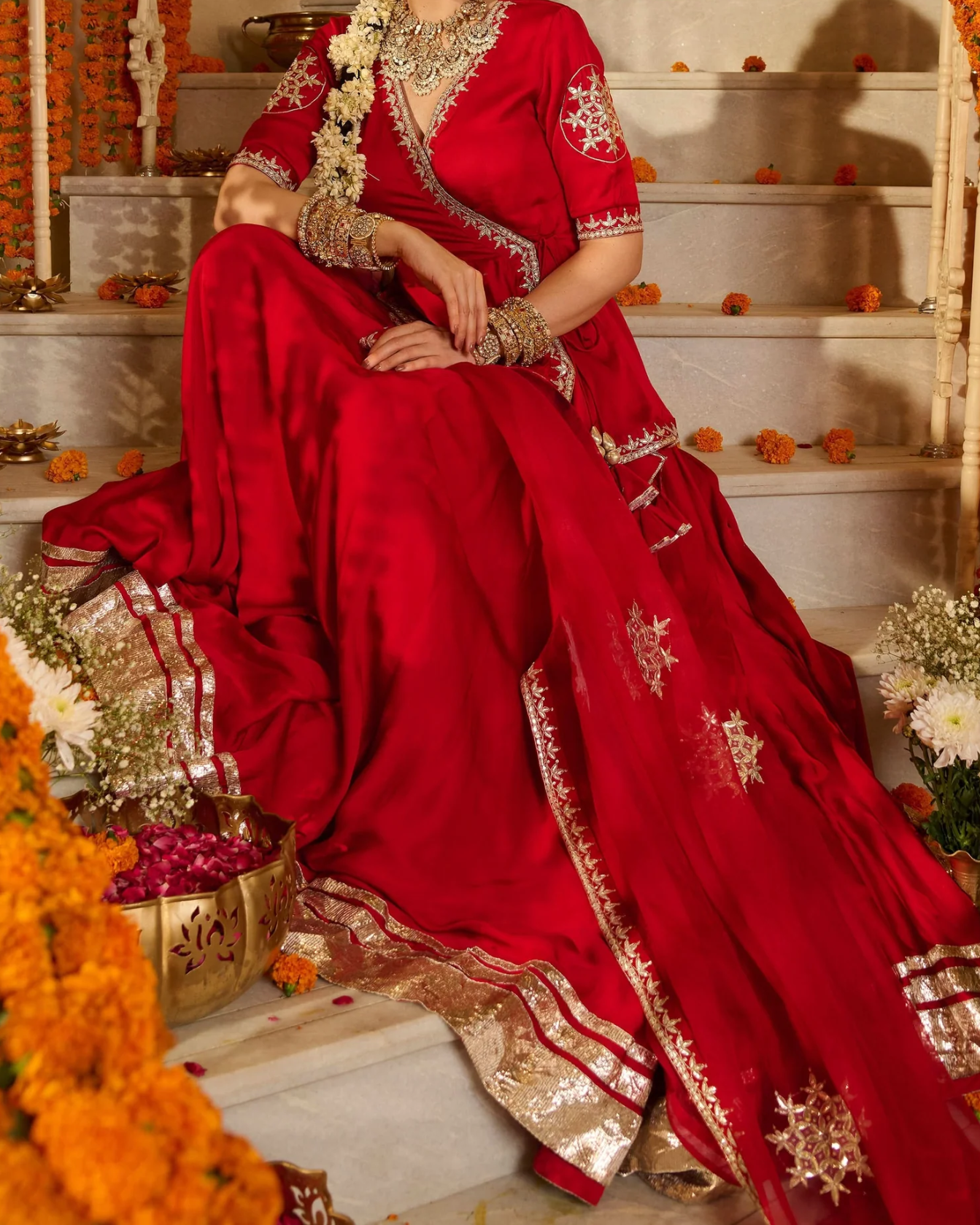 Aachho Jaipur | Mehka Red Solid Satin Lehenga Set; authentic face-free photographic crop