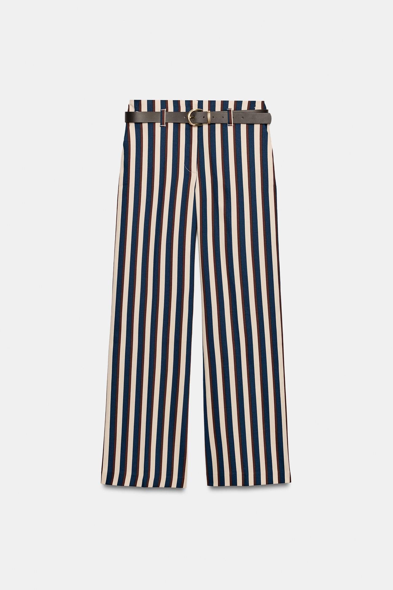 Zara wide-leg striped trousers with belt in navy, cream and brown