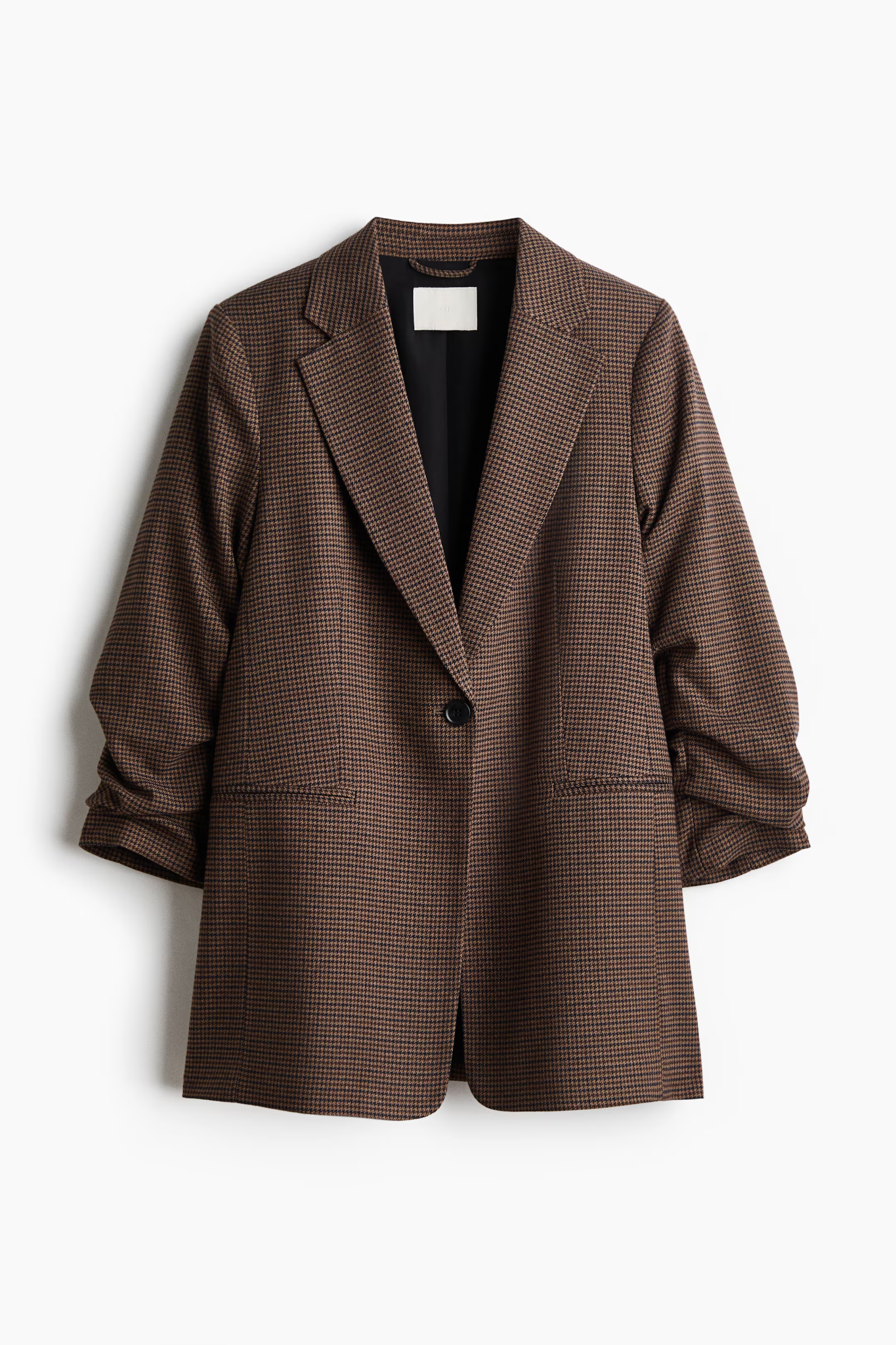 Brown houndstooth plaid blazer with gathered sleeves product-only packshot