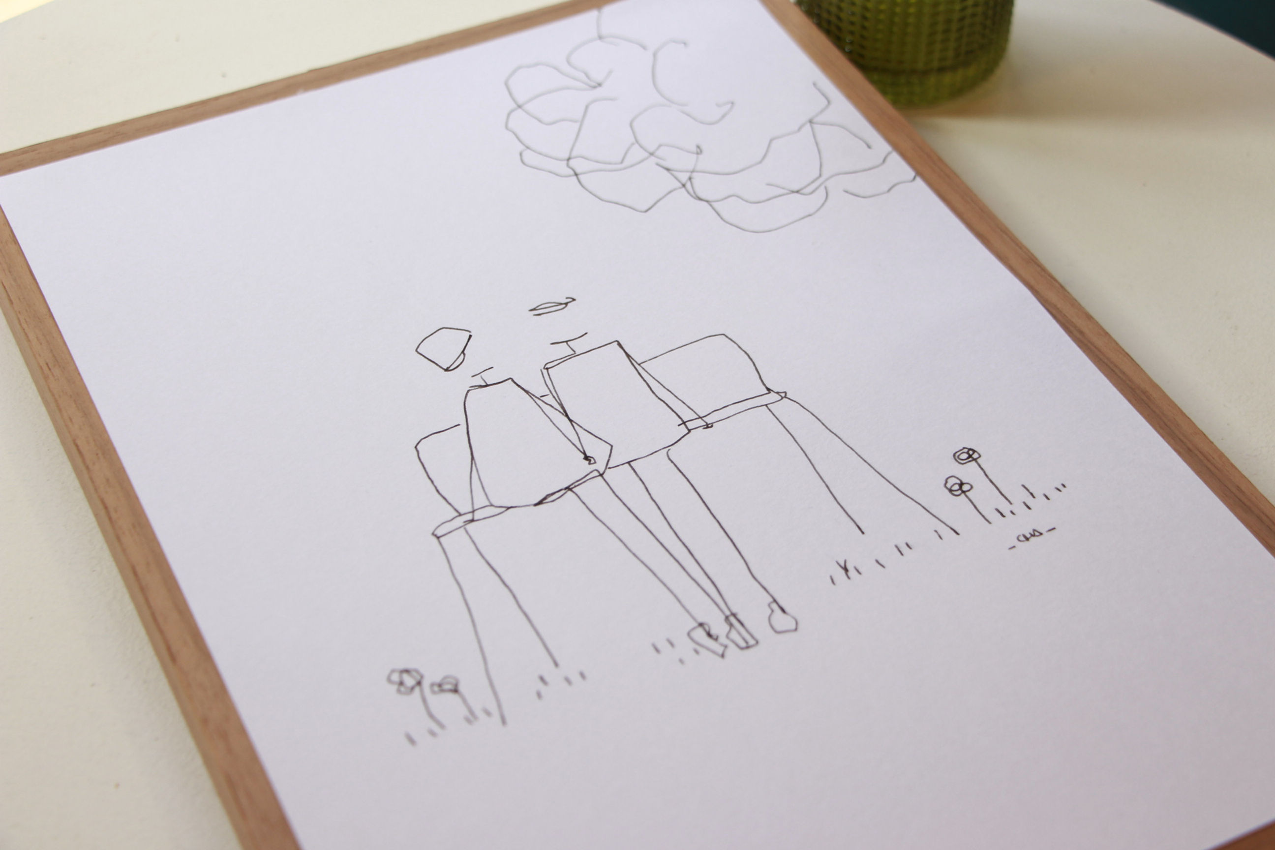 "Sur un banc" Dessin original à l'encre de L'OEIL DE CHA