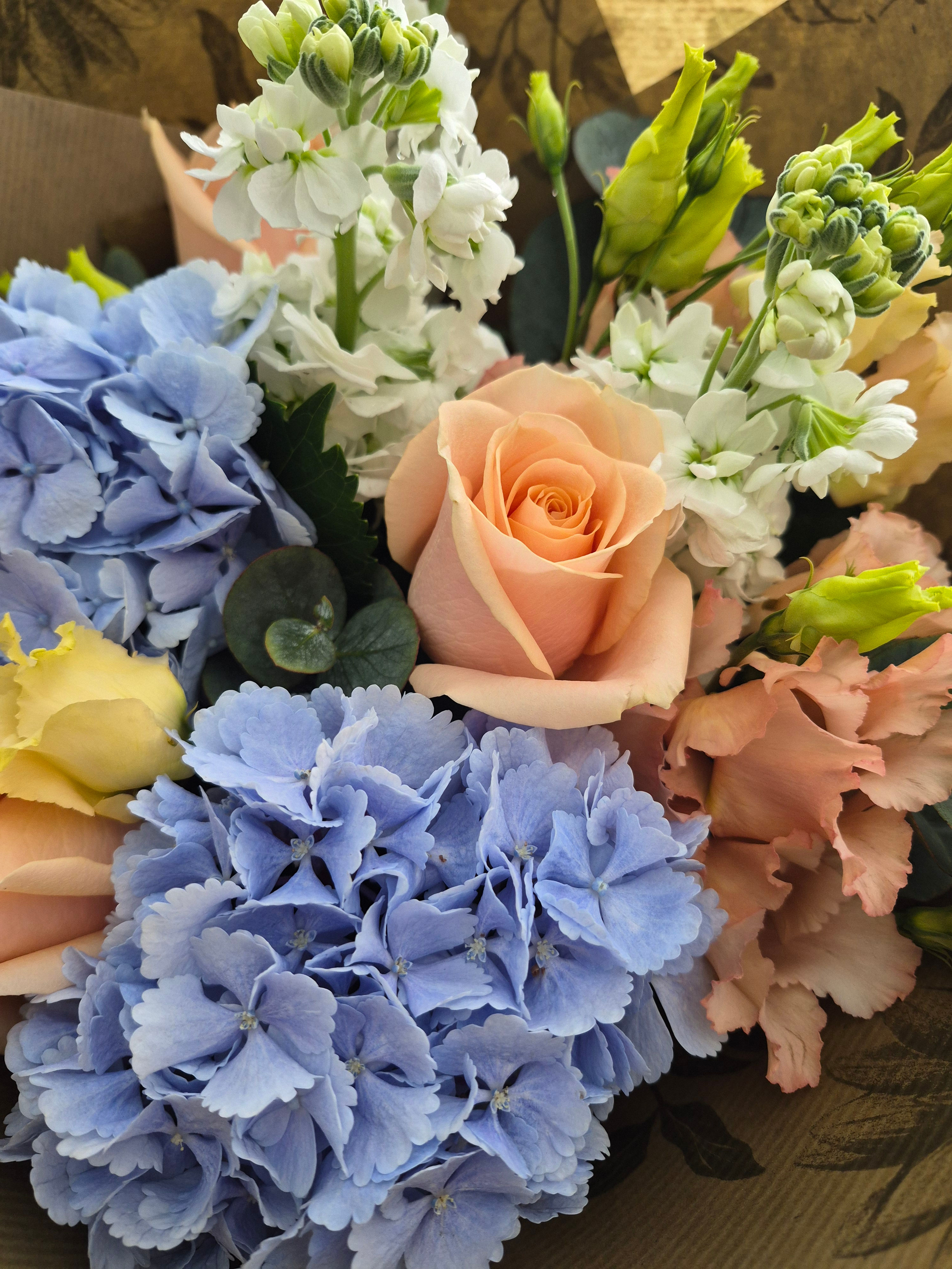 Soft Blue & Blush Hand-Tied Bouquet