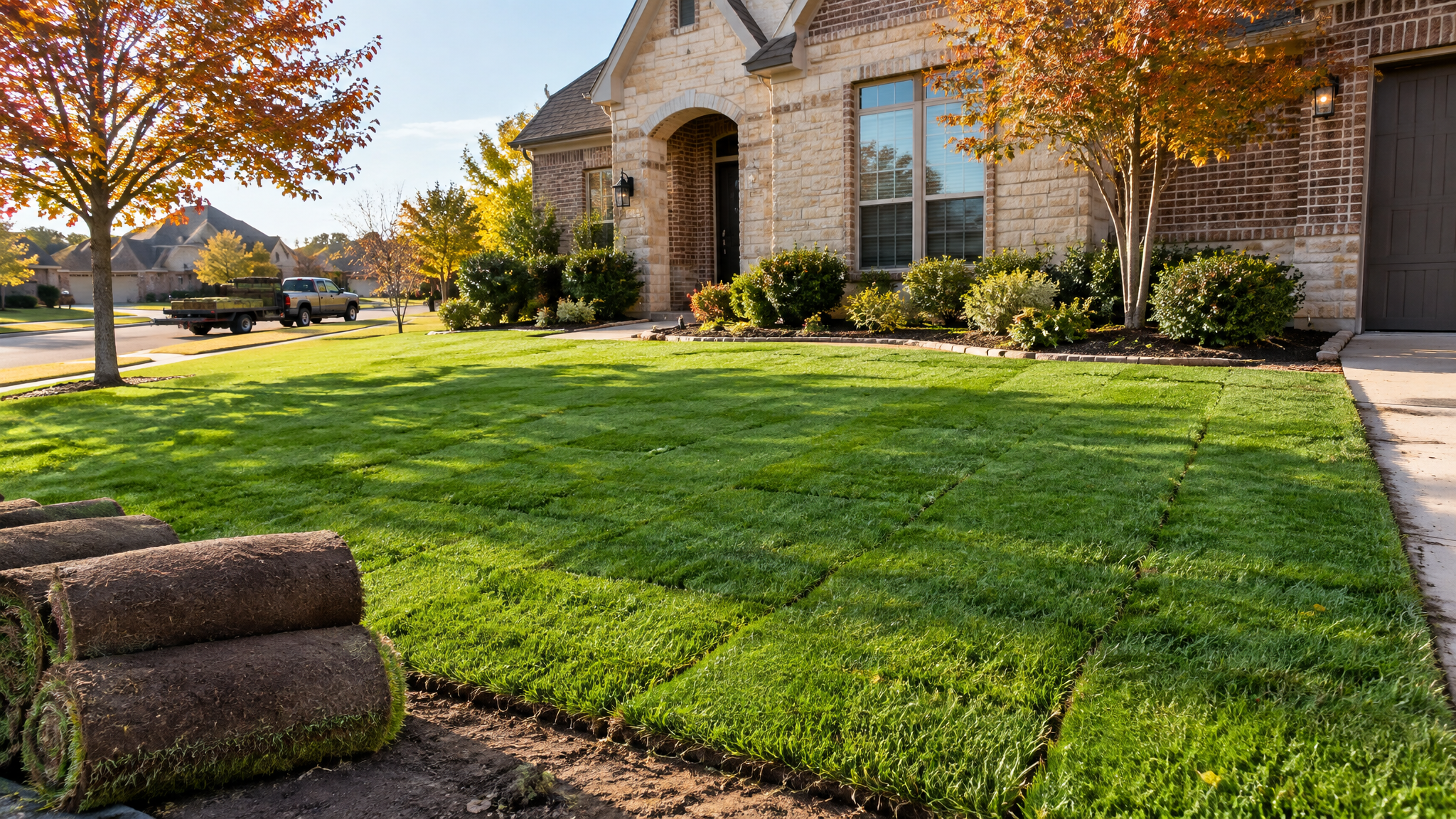 Fresh sod installed on a Dallas-Fort Worth lawn in mid-October. Mild air temperatures paired with warm subsoil create optimal root establishment conditions before winter dormancy.