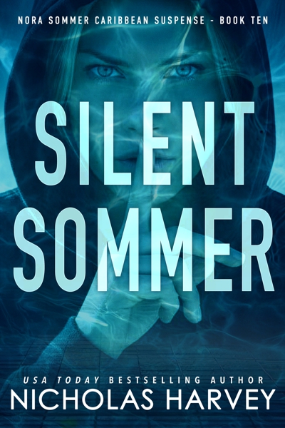 Blue hue design with a water effect over an image of Nora looking at the viewer from under a hood with her finger pressed to her lips