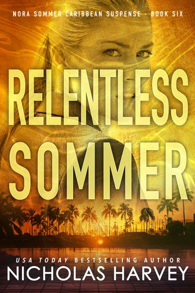 Yellowy orange hue design with water effect over an image of  Nora turning to look over her shoulder.