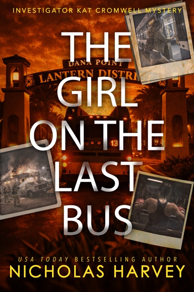 Three Polaroid pictures behind the title stacked vertically down the page with a view of a bus going under the Lantern District sign entering Dana Point, in burnt orange hues.