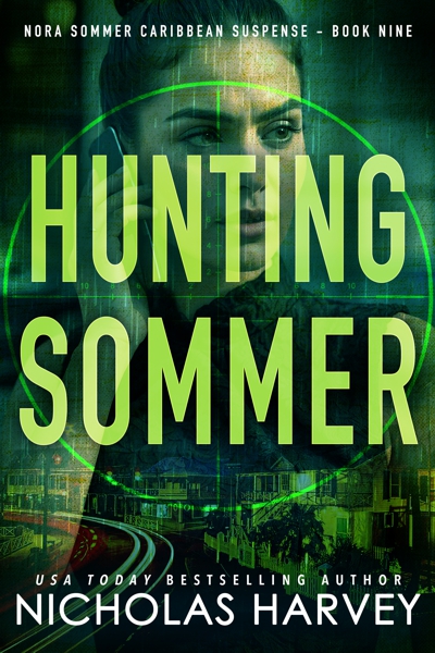 Green hue design with a gun sight effect over an image of a female character from the story looking pensive on a cell phone.