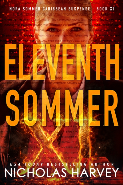 Red hued design with a burning roman numeral XI and Detective Nora Sommer in the background.