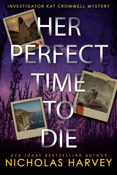 Three Polaroid pictures behind the title stacked vertically down the page with a view of long grass on a bluff above the ocean background in purple hues.