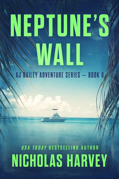 Cover for book 8 in the series, Neptune's Wall, with the image of a dive boat on a tranquil ocean.