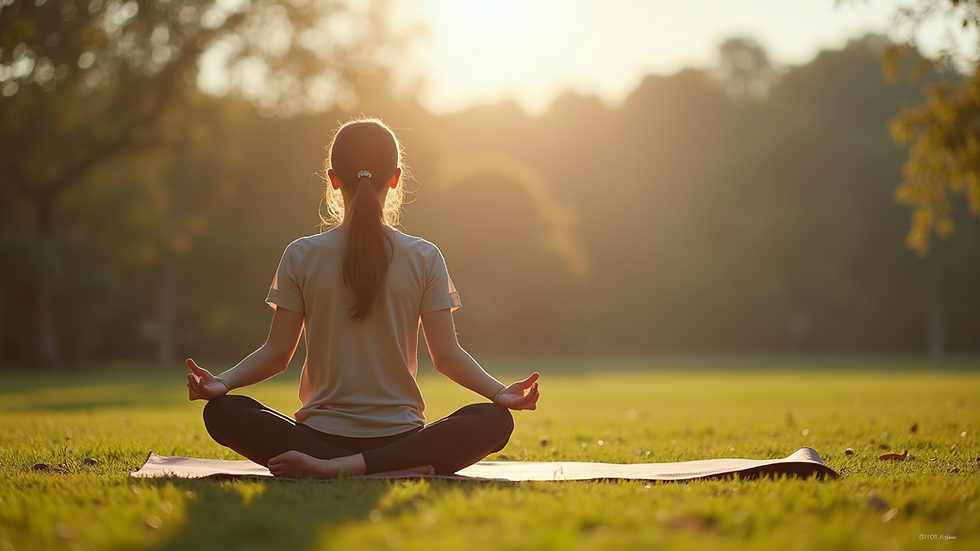 Eye-level view of a person practicing yoga in a serene outdoor setting