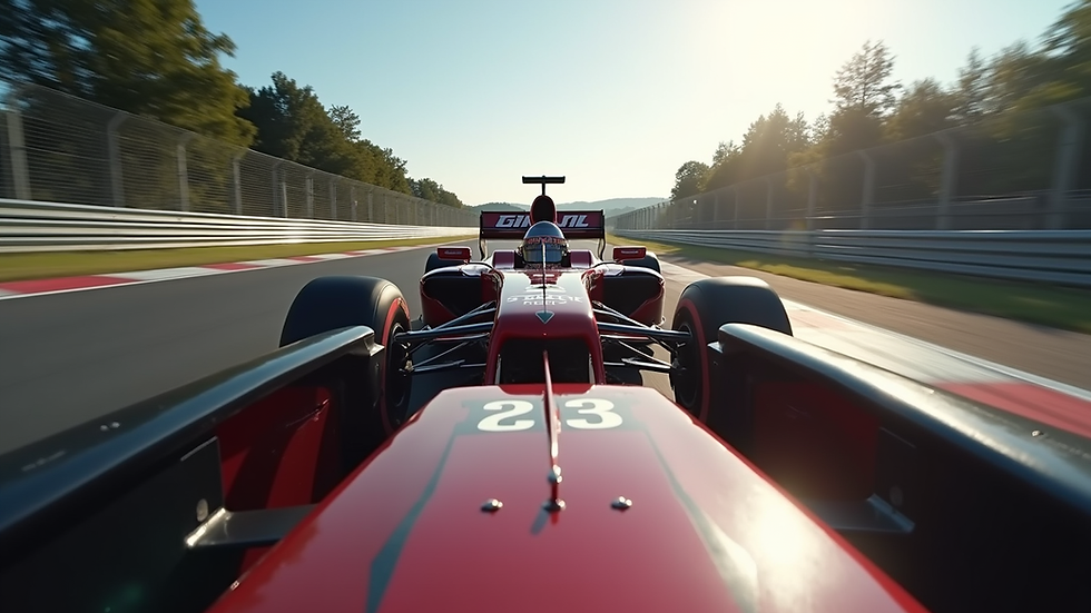 Eye-level view of a Formula 1 car racing on a track