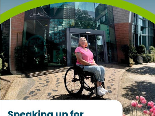 Cover of the Healthwatch Portsmouth Annual Report 2025/26, titled "Speaking up for better care". The image features a woman in a wheelchair outside the entrance of the John Pounds Centre, framed by a bright green curve and pink flowers.