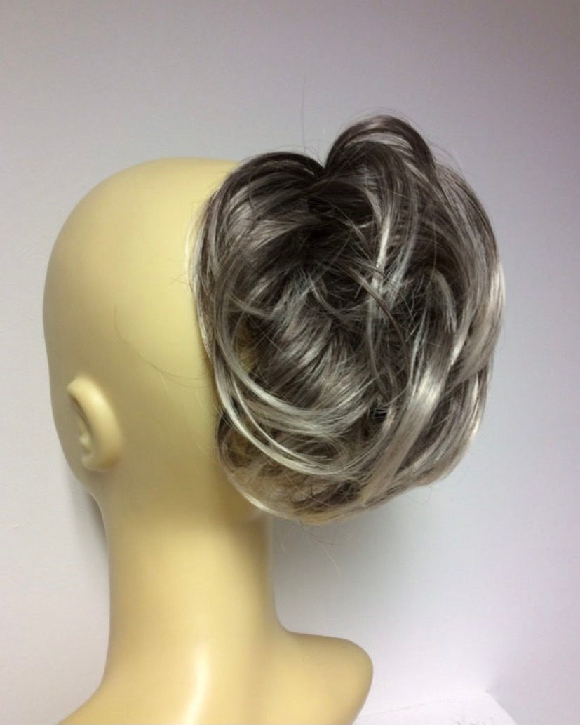 Thumbnail: Dark ash blonde grey creamy tips synthetic hair scrunchie 