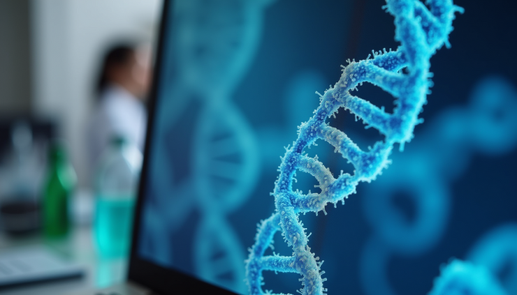 Close-up view of a 3D protein structure model on a computer screen with lab equipment in the background