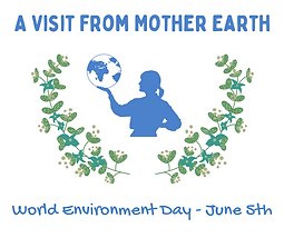 A blue/green graphic of leaves around Mother Earth as she holds the world in the palm of her hand.