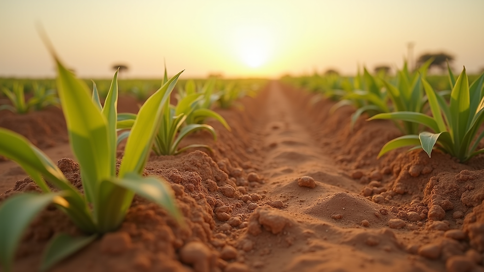 Eye-level view of a small-scale farm with drought-resistant crops in Sudan