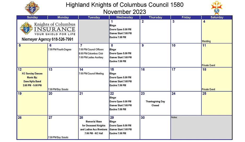 Calendar Highland Knights