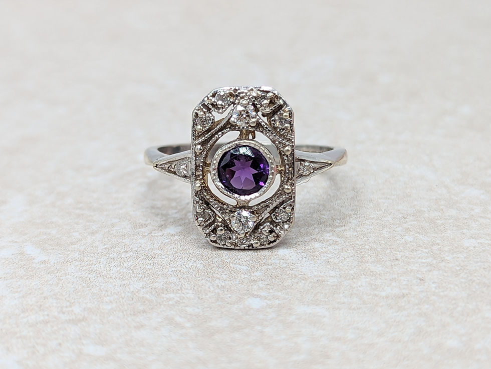 Art Deco Style Amethyst & Diamond Panel Ring in 9k Gold