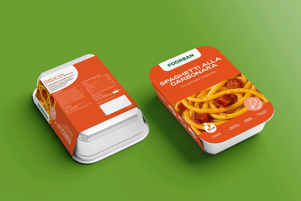 side view of food packaging design paper sleeve, meat carbonara pasta