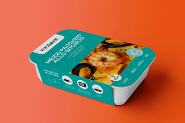 side view of food packaging design paper sleeve,  pescaterian diet, paccheri allo scoglio