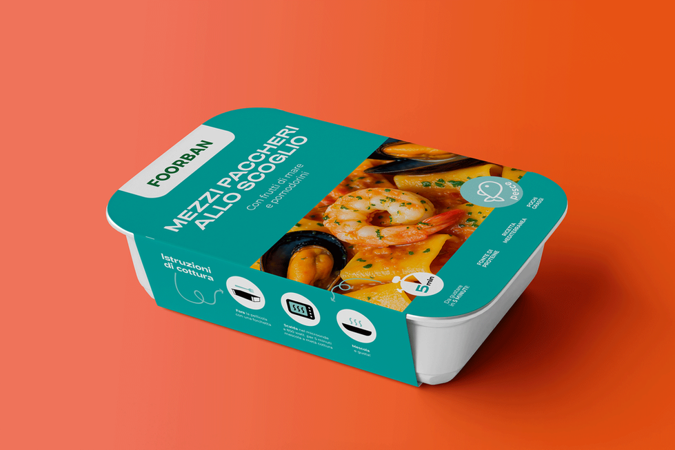 side view of food packaging design paper sleeve, pescaterian diet, paccheri allo scoglio