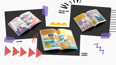 Three open graphic design magazines: 'Ustwo', 'Sal Velutto Marvel', 'Joseph Joseph'